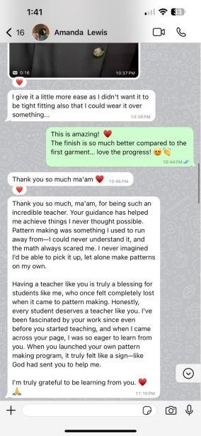 WhatsApp feedback from student Amanda
