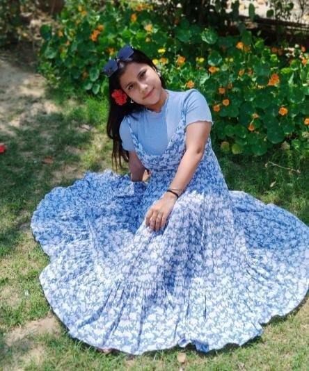 Student project blue floral circle dress