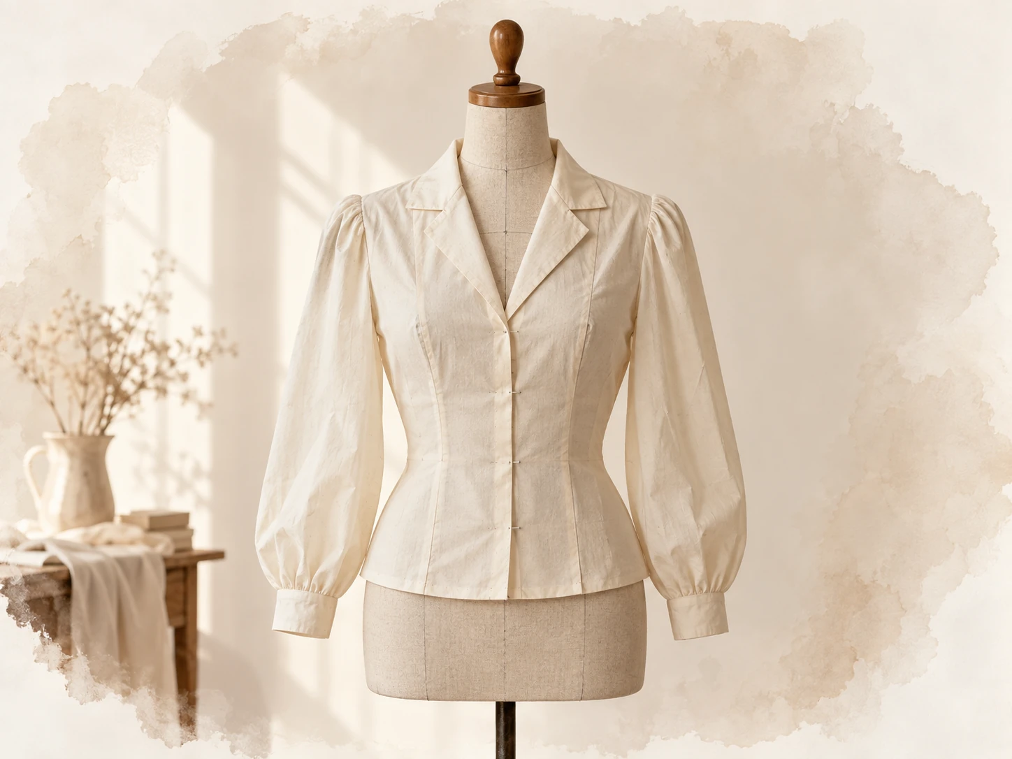 Cream muslin blouse toile fitted on a dressmaker mannequin