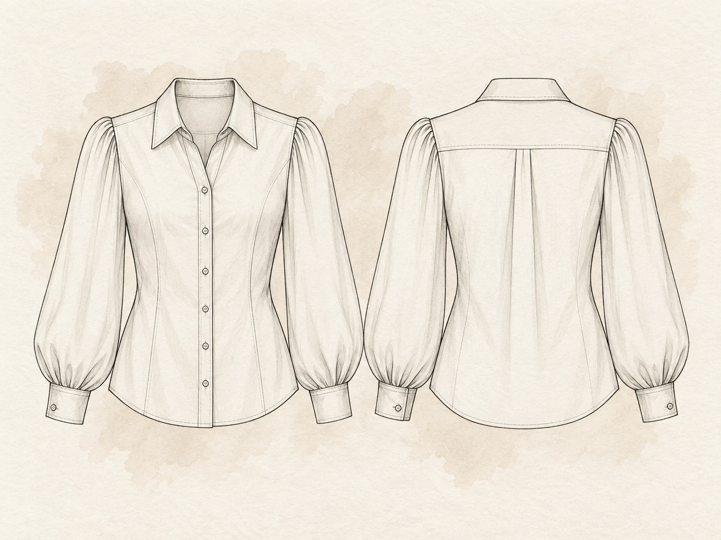 Front and back technical flat sketch of a blouse