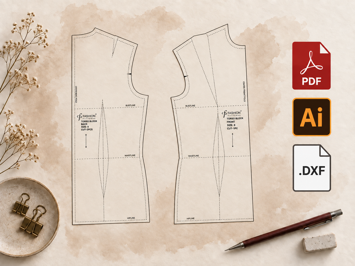 Bodice pattern pieces with PDF, Adobe Illustrator, and DXF file format symbols