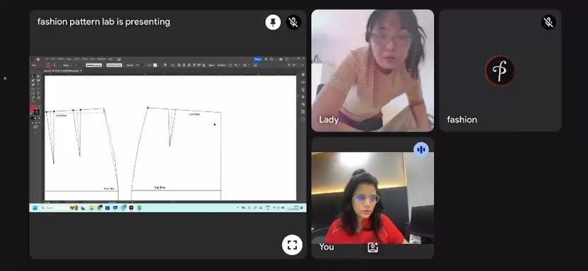 A live pattern drafting session with screen sharing and tutor guidance
