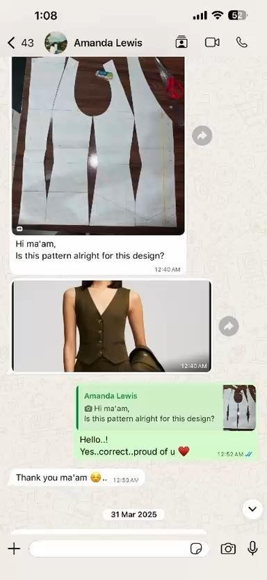A student sharing pattern work and receiving tutor feedback in WhatsApp