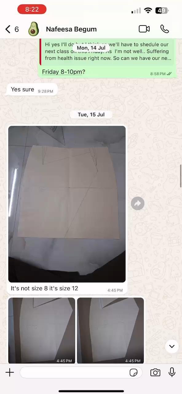 A student sharing pattern measurements in WhatsApp before the next session