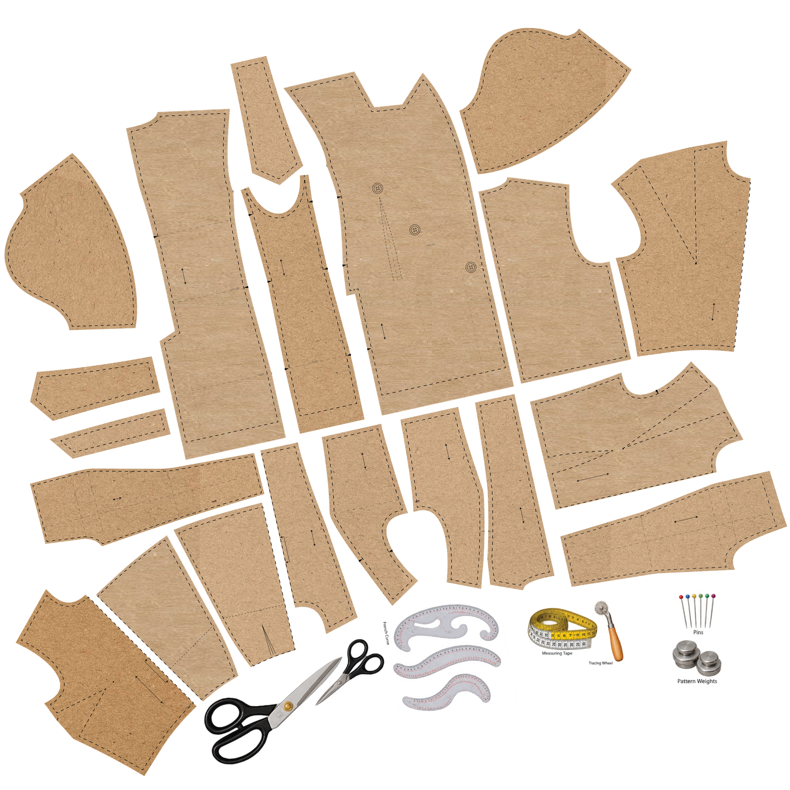High-resolution fashion pattern pieces and pattern-making tools