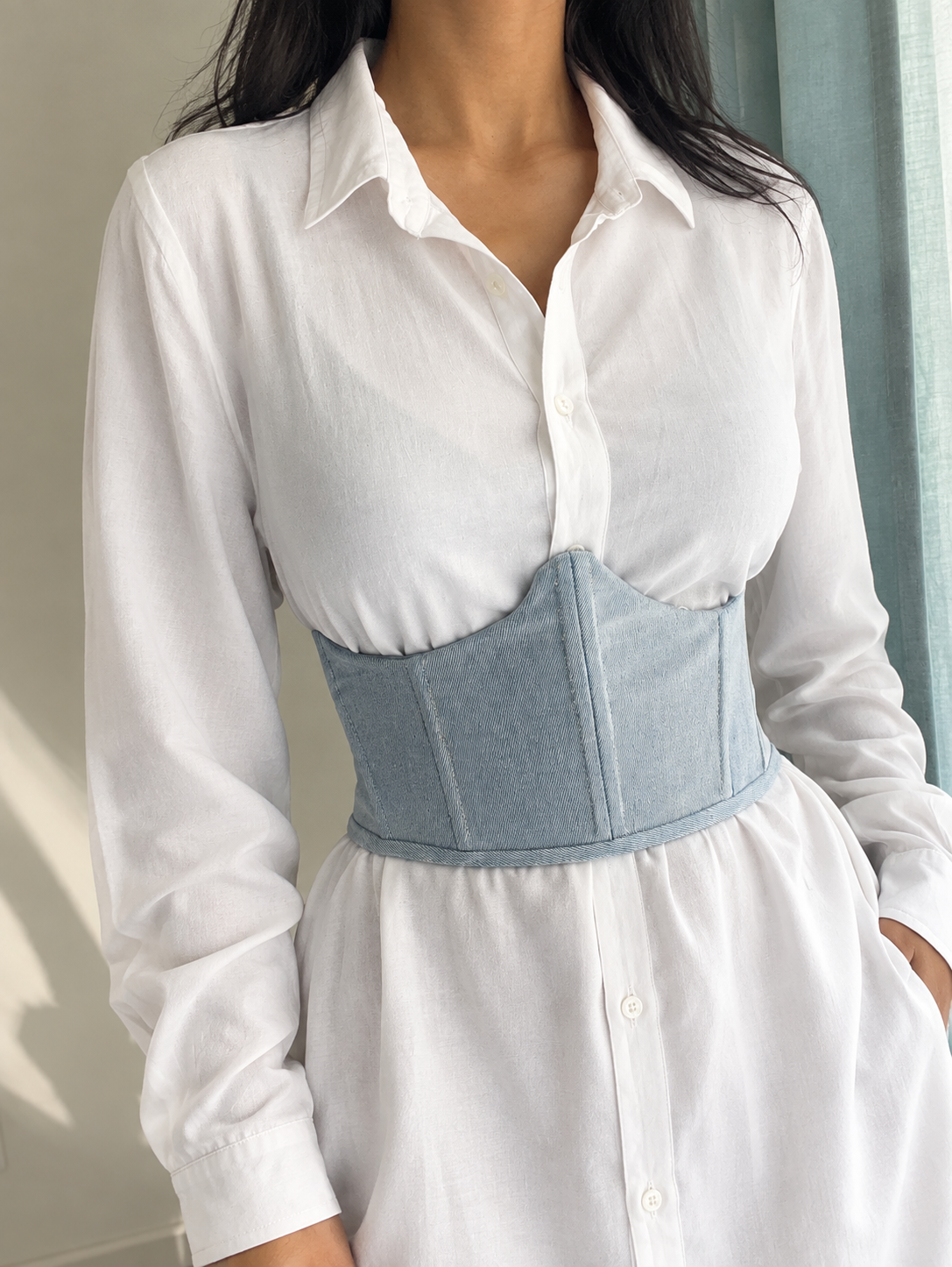 Blue corset and white shirt detail student project